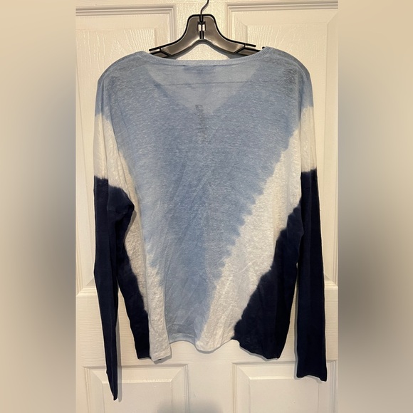 ELLIOTT LAUREN Women’s Blue & White Tie Dye 100% Linen V-Neck Long Sleeve Top - Picture 2 of 5